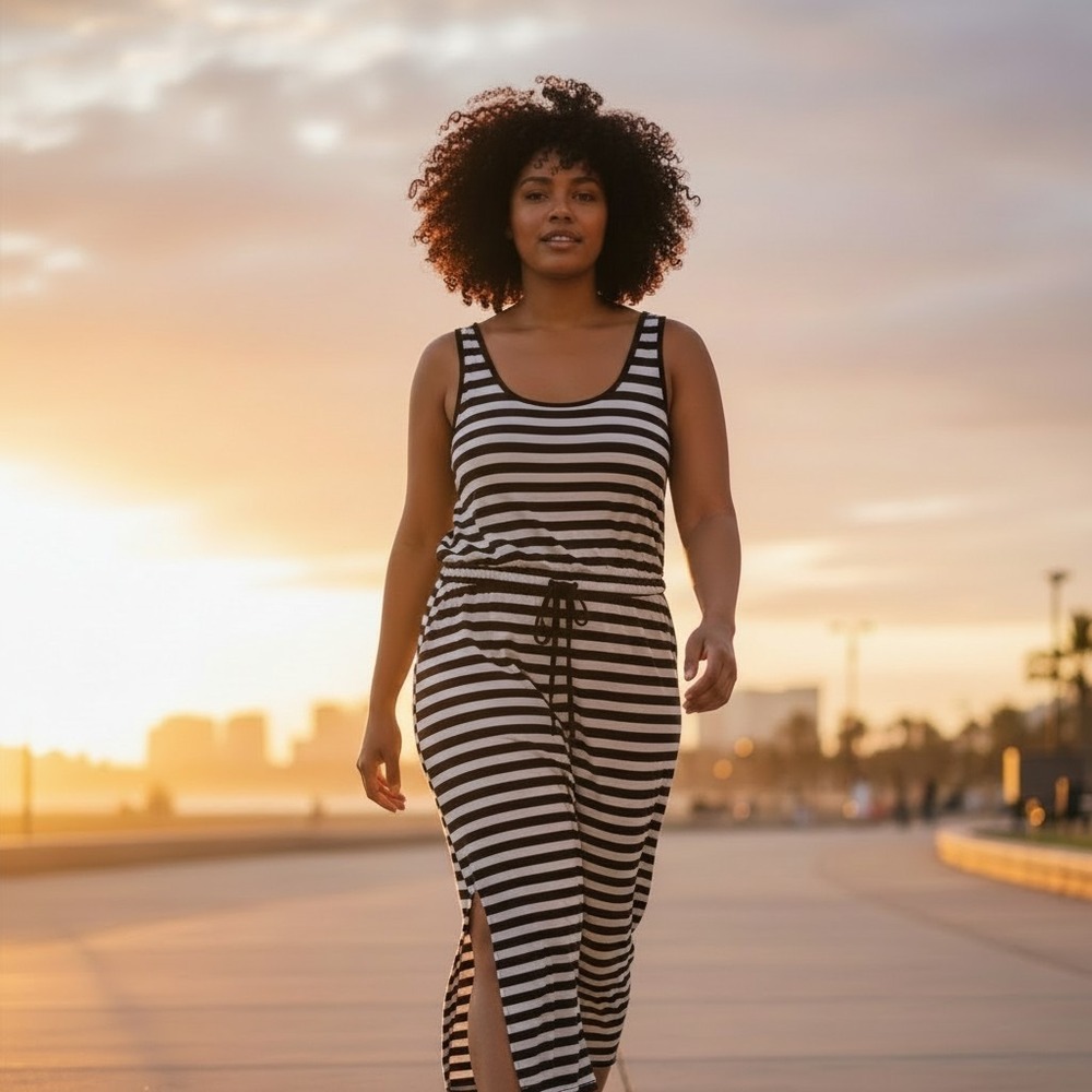 Merona Black Gray Striped Tee Shirt Cotton Blend Maxi Dress Women's Size XXL
